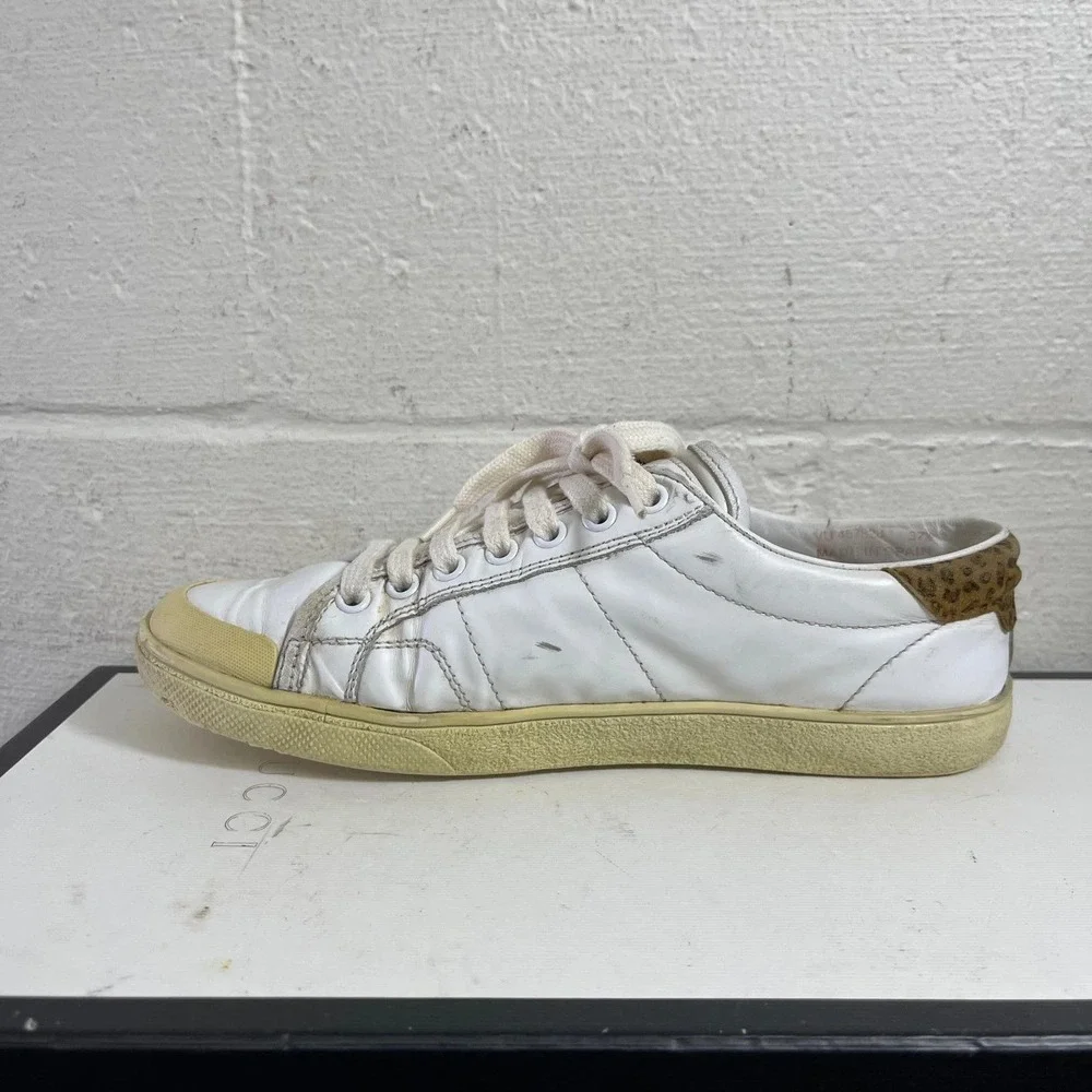 Saint‎ Laurent Court Classic Diamond White Leather Leopard Womens 37.5 EU/7.5 US